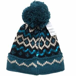 Topshop Teal Metallic Sequin Pom Pom Fair Isle Beanie Hat Women's Winter Cap